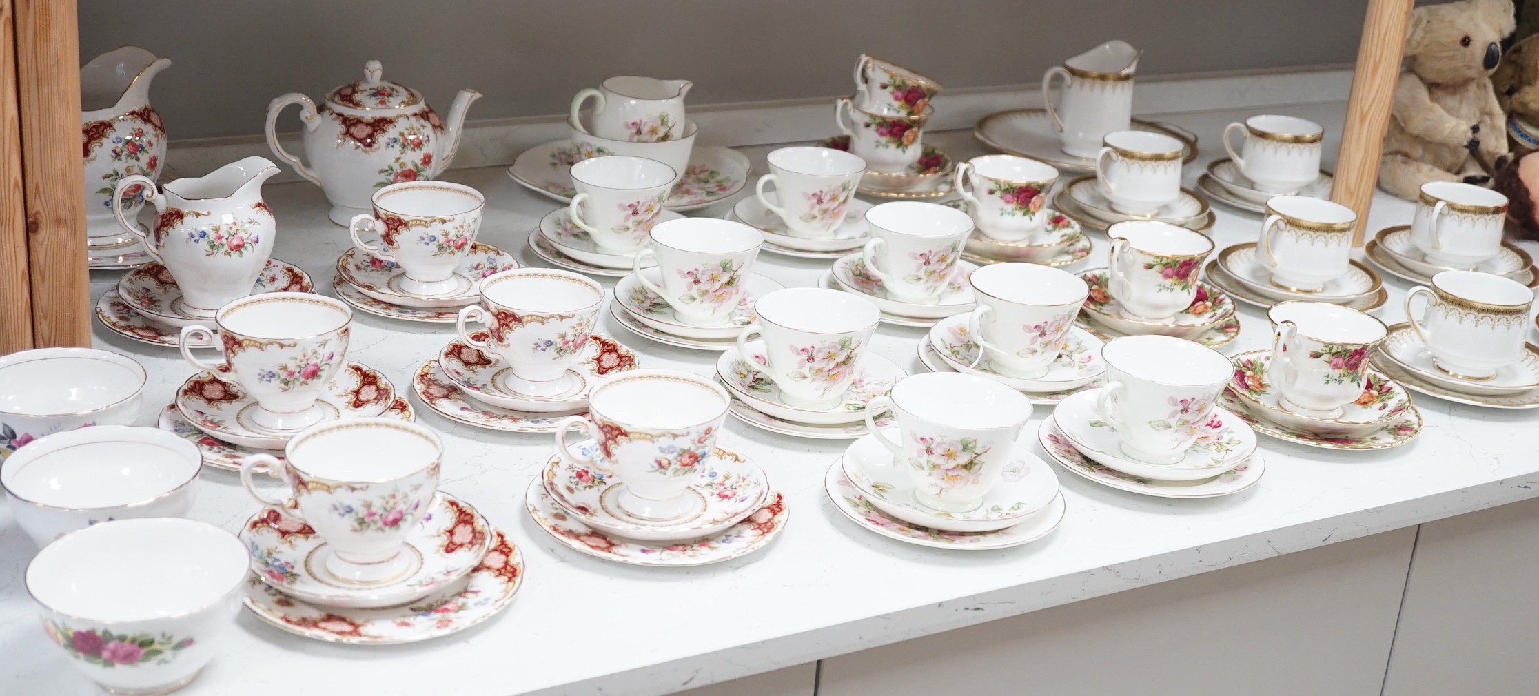 Four sets and part sets of bone china tableware, to include Royal Doulton Apple Blossom H4899, Royal Albert Old Country Roses, Paragon Athena, Tuscan Windsor, and Royal Vale D669. Approx 84 pieces